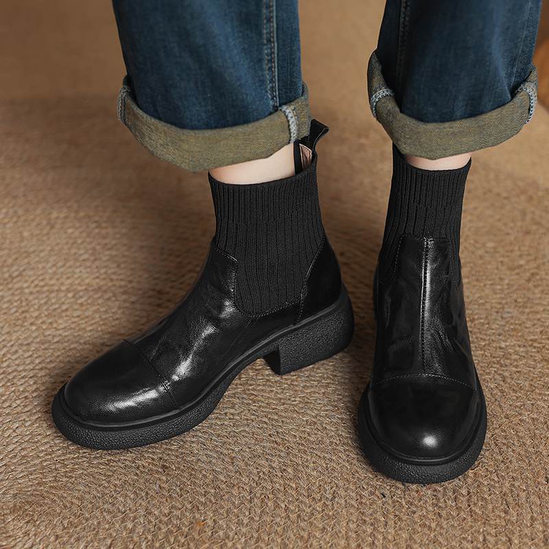 Krazing Pot Sheepskin Pleated Decoration Autumn Winter Shoes Chunky Heels Size 43 Size 42 Round Toe Slip on Retro Knit Wear Ankle Boots