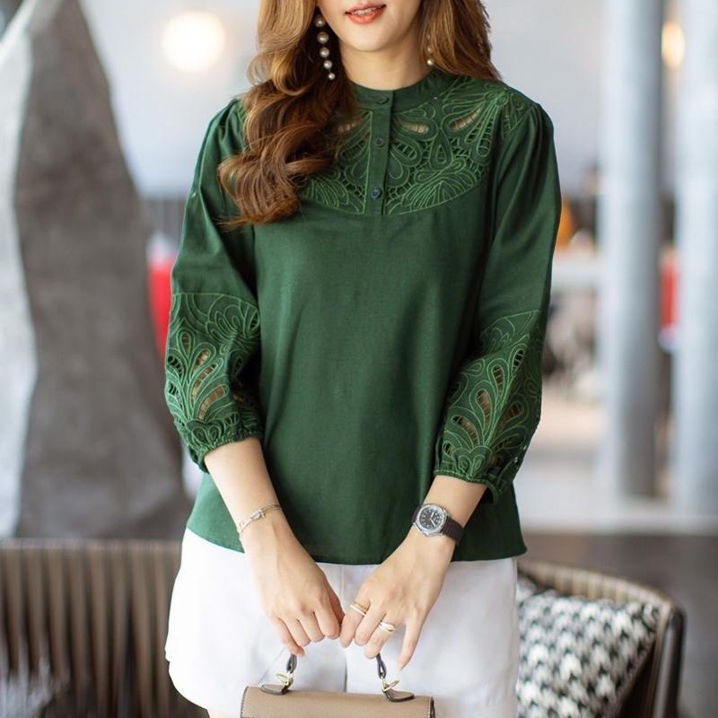 ZANZEA Women Lace Patchwork Round Neck Loose Casual 3/4 Sleeve Blouse