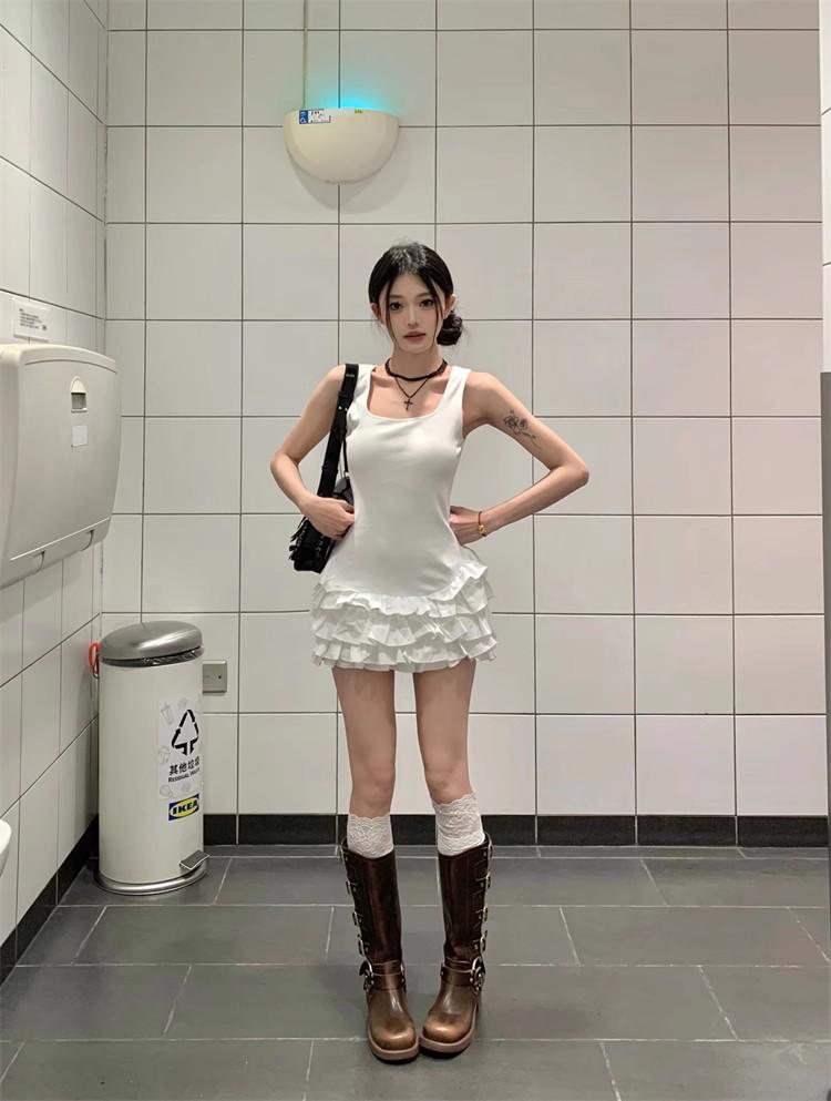 Women's Sleeveless French Knitted Vest Dress - Waist-Cinching First Love Style Little White Dress