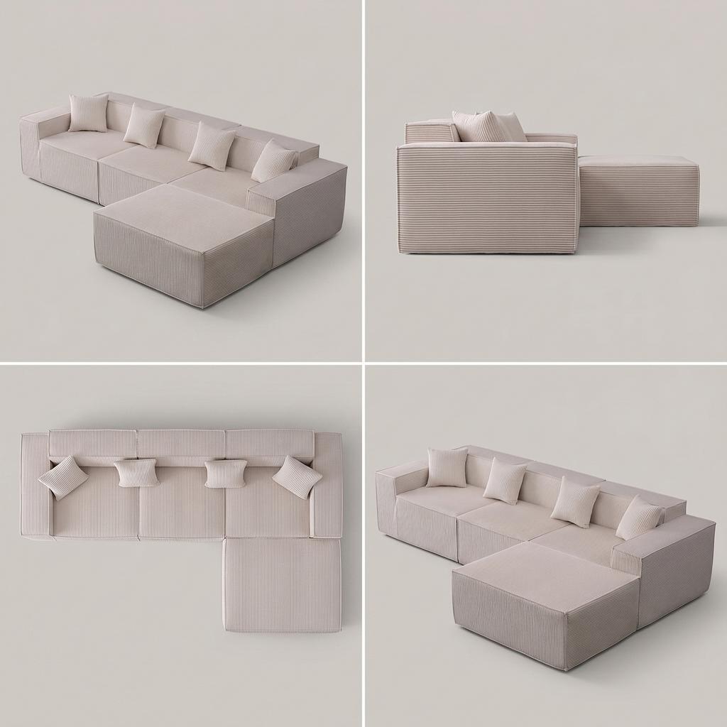 Modular Corner Sleeper Sofa, 277 cm L-Shaped Cloud Sofa in Corduroy, Comfort Foam, No Assembly, Deep Seat, Convertible Sofa for Living Room, Beige