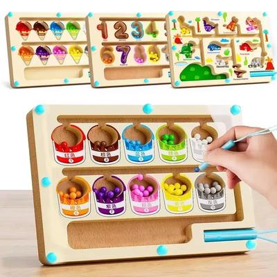 Magnetisches Holz-Labyrinth-Spielzeug für Kleinkinder, Pädagogisches Zähl- und Farbsortier-Aktivitätsbrett mit Perlen, Vorschul-Lernspielzeug für Feinmotorik