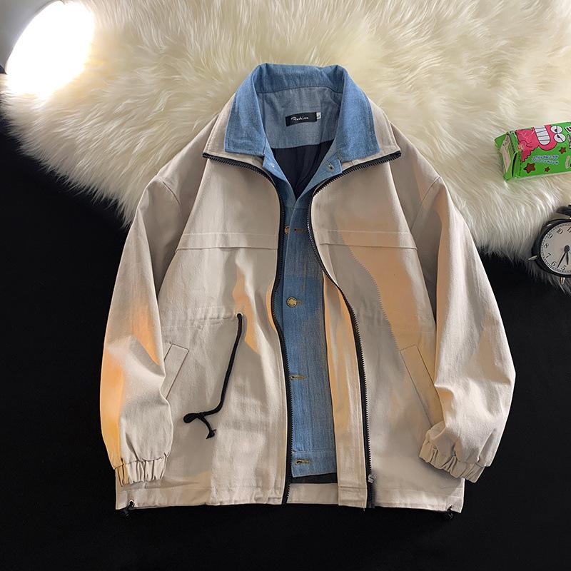 Fake Two-piece Denim Jacket for Men In Spring and Autumn American Retro Design Loose Large Size Work Jacket