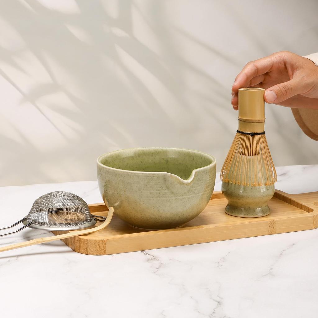 DiDiBirDi Matcha Tea Ceremony Includes Matcha Matcha Whisk Matcha Bamboo Traditional Bamboo and Stainless Steel Sieve Set, 5-Piece Set, Bowl, Stand,