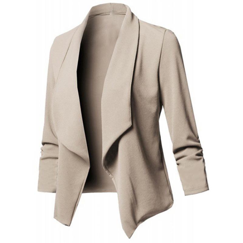 Women's Slim Fit Long Sleeve Solid Color Blazer Versatile Stretch Cuff Lapel Jacket For Office Wear, Elegant Career Open Front Coat For Commuting