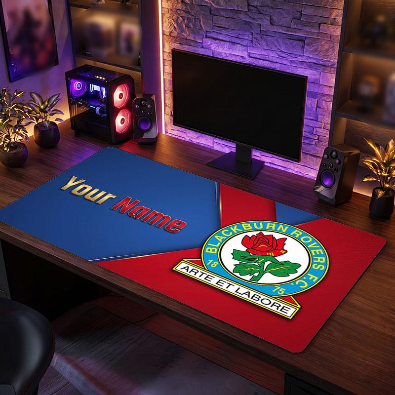 Blackburn Rovers FC Custom Large Mouse Pad, Personalized Name Text Print, Football Logo Non‑Slip Desk Mat Gaming Gift