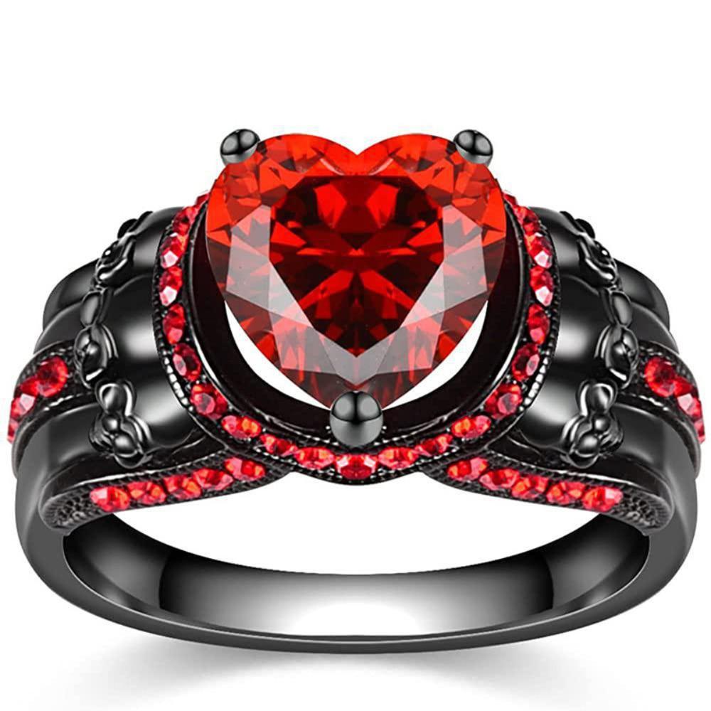 Black Skull Ring - Edgy Gothic Biker Engagement Ring for Women with Vampire Accessories 8 красный