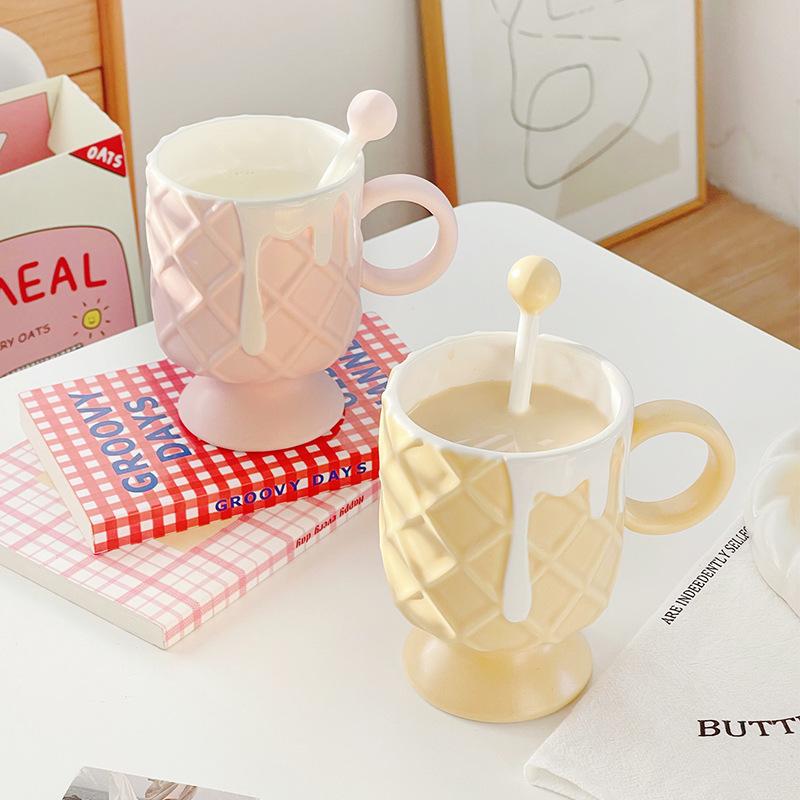 Cream Ice Cream Coffee Cup with Mixing Spoon Ceramic Cup Ins High Value Milk Cup for Girls Household Mug