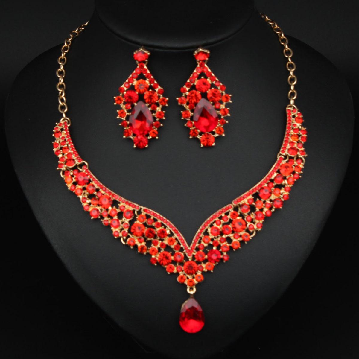 

2026 European and American Fashion Rhinestone Necklace Earrings Set Bridal Wedding Dress Banquet Women s Accessories 45CM красный
