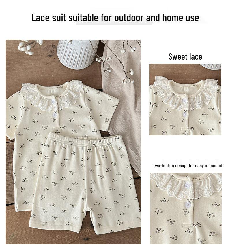 2025 Summer A-Class Cotton Girls' Lace Pajama Set – Short Sleeve Top & Shorts