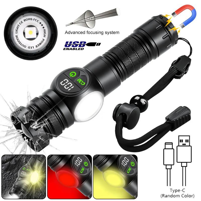 LED+COB Super Bright Flashlight Outdoor Rechargeable Zoom Lantern Emergency High Strong Power LED Flashlights For Camping Hiking