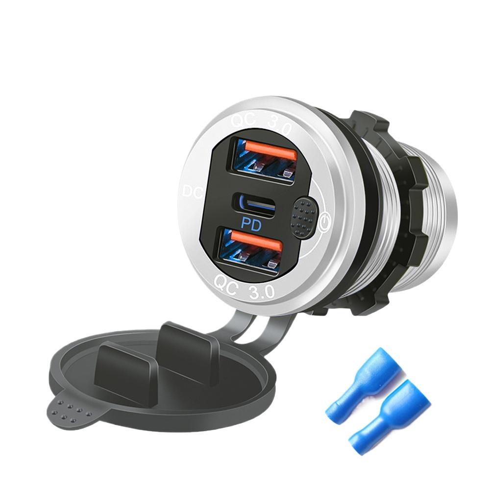 

12 В/24 В USB Type-C Несколько автомобильных зарядных гнезд PD3.0 и порты QC3.0 Водонепроницаемый с сенсорным переключателем Быстрая зарядка Автомобильный мото-адаптер серебряный