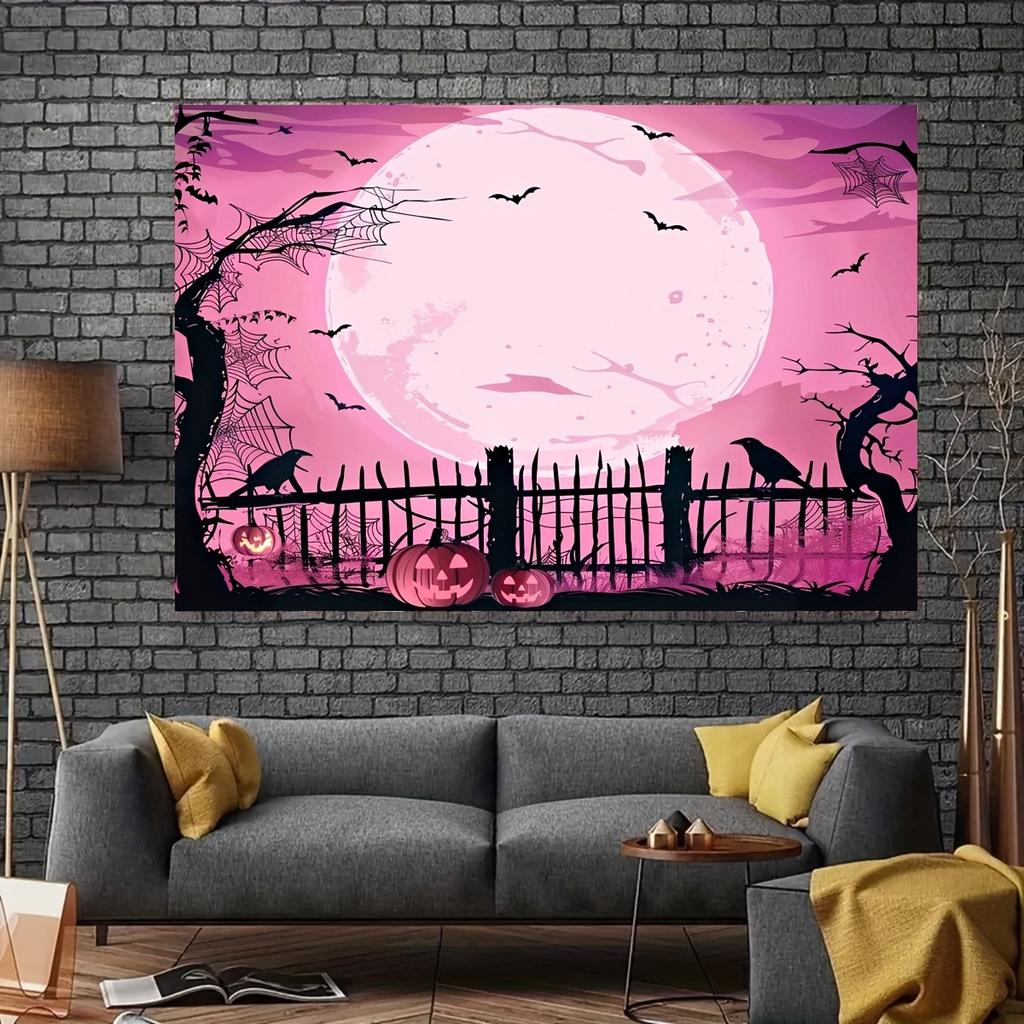 Halloween Moonlight Night Party - Large Pumpkin and Witch-Castle Horror House Design Polyester Background Fabric.PMJ