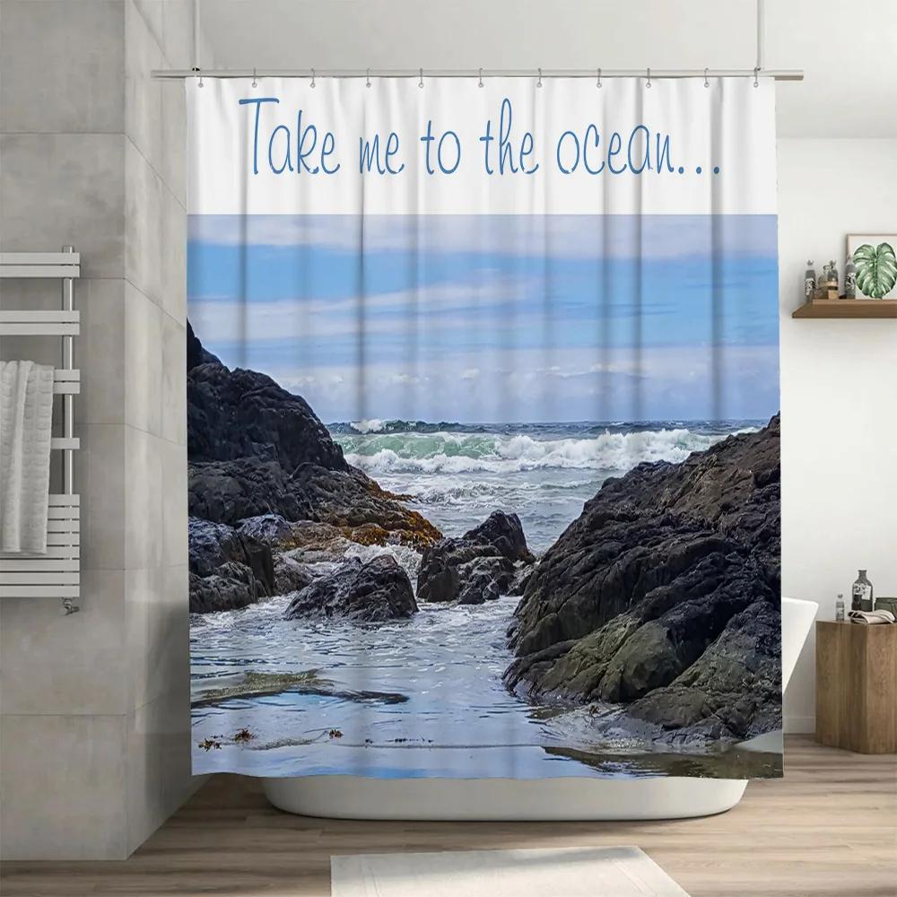 Blue Ocean Shower Curtain Beach Scene Print for Bathroom Decor Waterproof Fabric with Hooks Included
