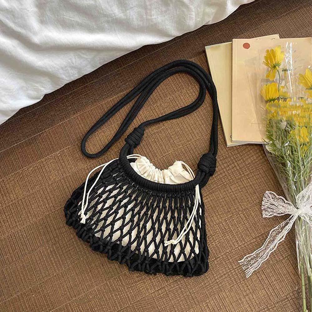 Net Pouch Yarn Woven Crossbody Bag Large Capacity Hollow Fishnet Bag Crochet Shoulder Pouch Female