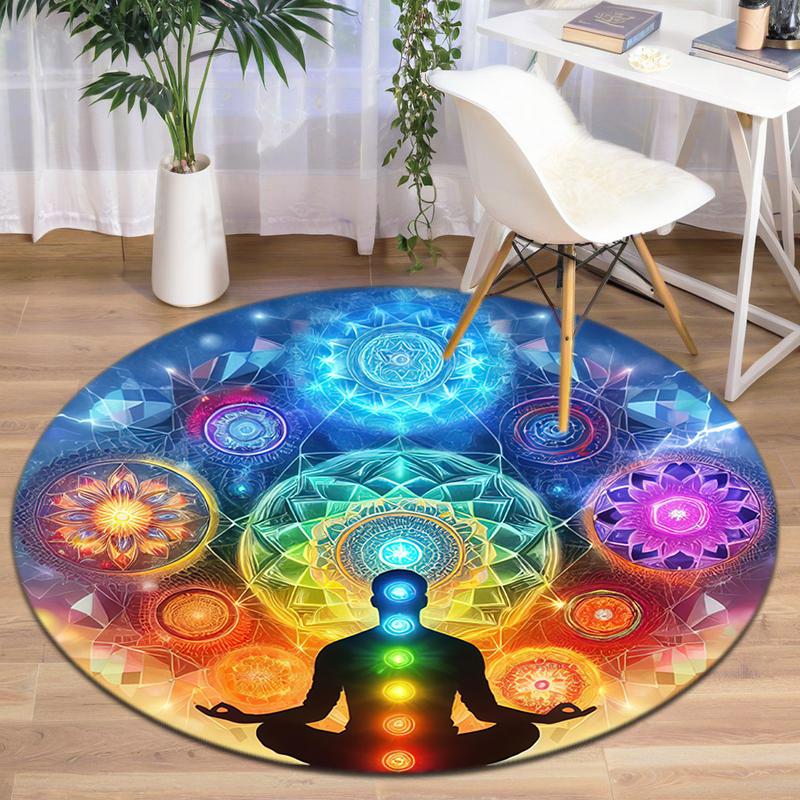 1Pc Chakras Theme Printed Circular Carpet, Home Door Mat, Outdoor Travel Protection Carpet A2