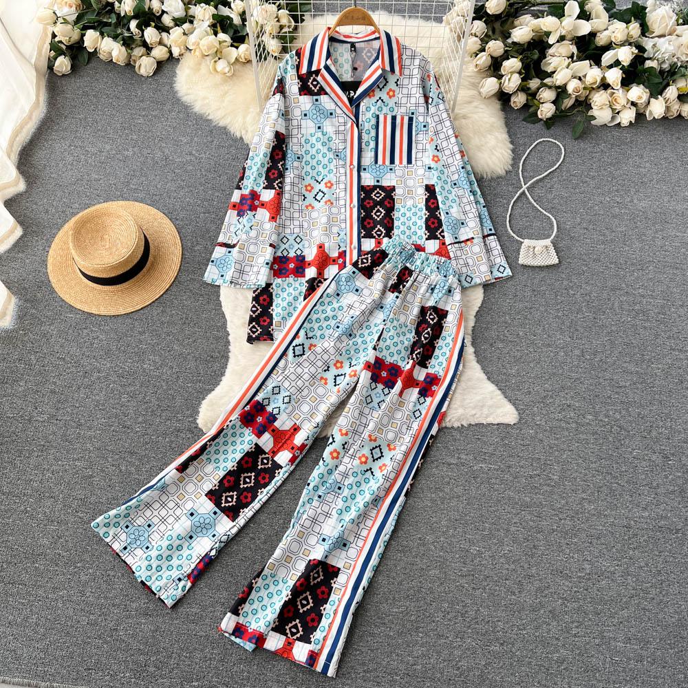 

Осенняя новая высококачественная рубашка с длинными рукавами с принтом, повседневные брюки с высокой талией, комплект из двух предметов