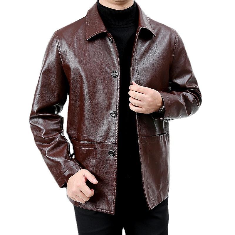 Herbst und Winter Neue Mittelgrüne Leder Herrenjacke Mittellang Revers Papa-Kleidung Business Casual Frühling und Herbst Jacke