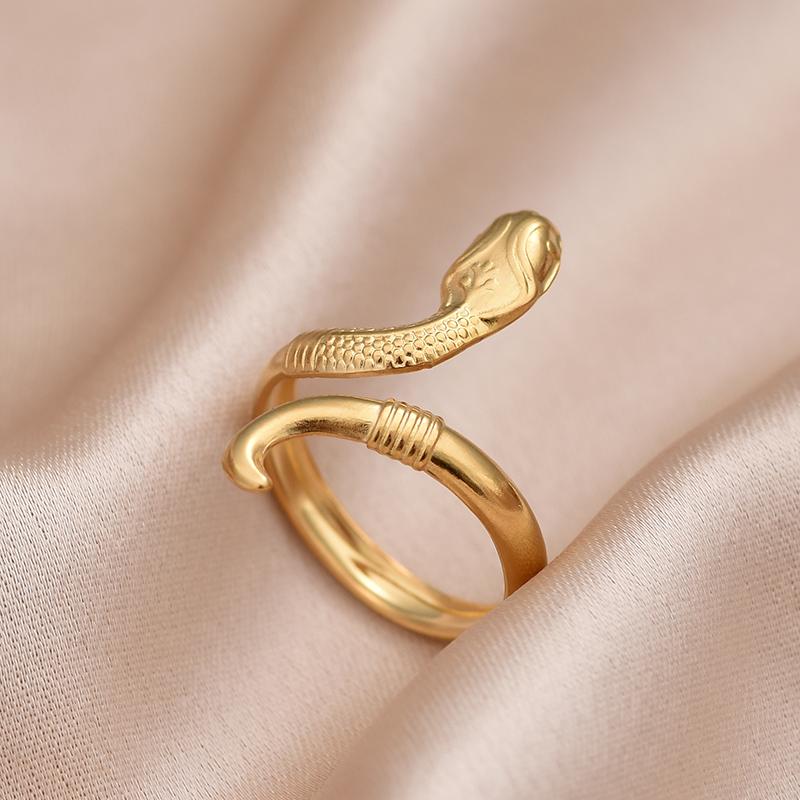

Trendy Stainless Steel Rings For Women Men Gold Color Geometric Open Adjustable Vintage Snake Leaf Shape Ring Zircon Party Gift resizable