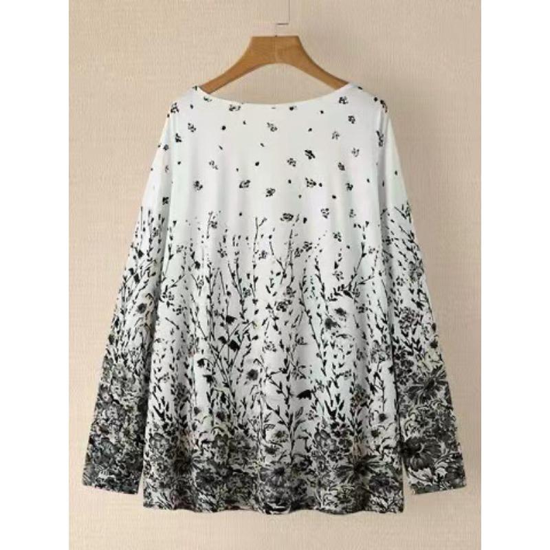 Plus Size Women S Long Sleeve Crew Neck Floral Print Spliced T Shirt