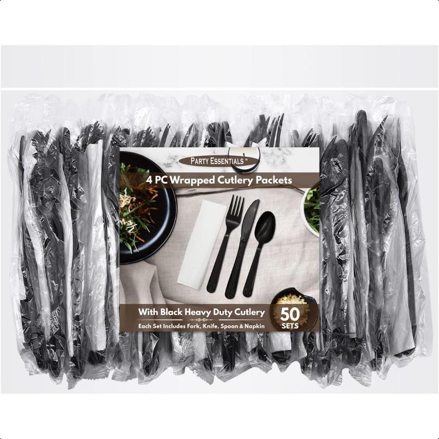 Individually Wrapped Heavy Duty Plastic Utensil Kits 50 Sets for Party Catering Fork Spoon Knife Napkin Black