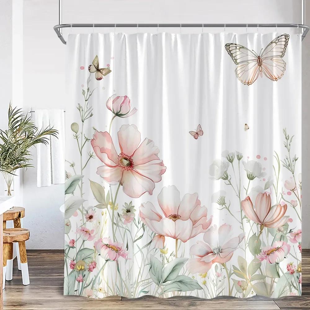 Vintage Floral Shower Curtain Plant Butterfly Floral Bathroom Curtain Decorative Polyester Bathtub Curtain With Hook