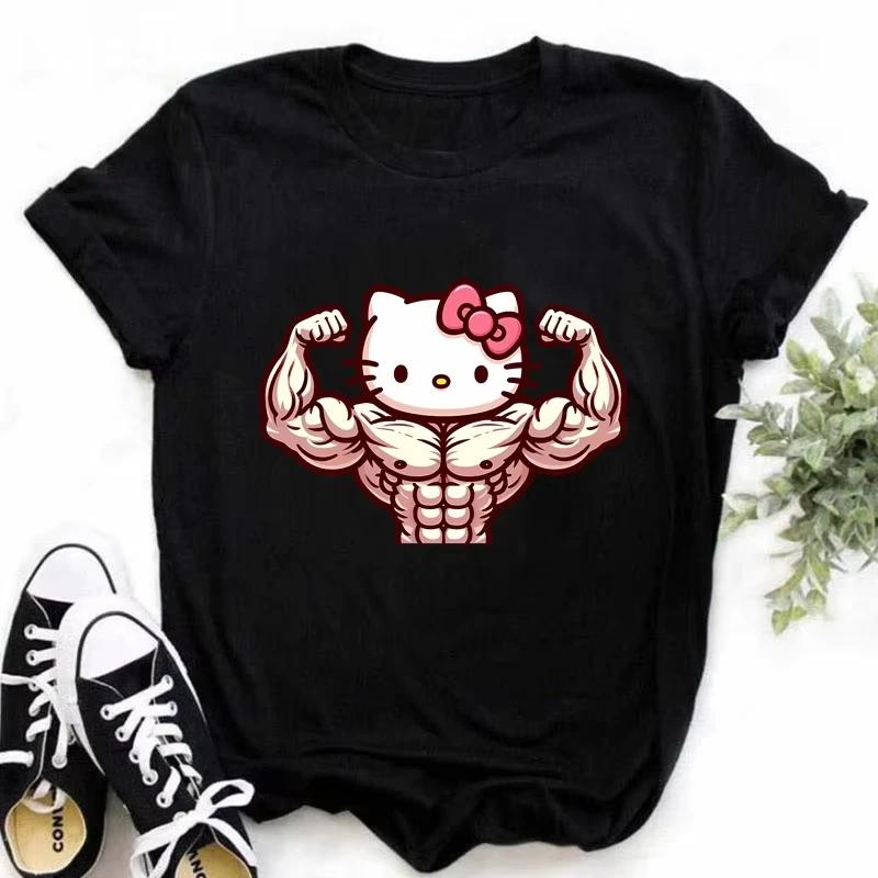 Muscle Sanrioes Womens TShirt Anime HelloKitties Cinnamon Kuromis Fun Model Cartoon Clothing Casual Cotton Couples TShirt
