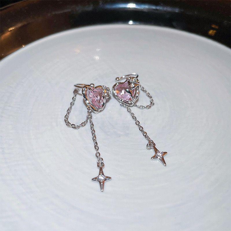 "Korean-Style Zircon Heart & Star Tassel Ear Cuff - Elegant, Versatile Design for Women"