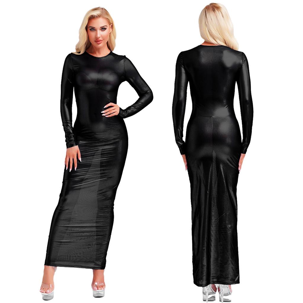Damen Durchsichtiges Metallischer Glanz Langarm Durchsichtiges Maxikleid für Nachtclub Rave Party Sexy Clubwear