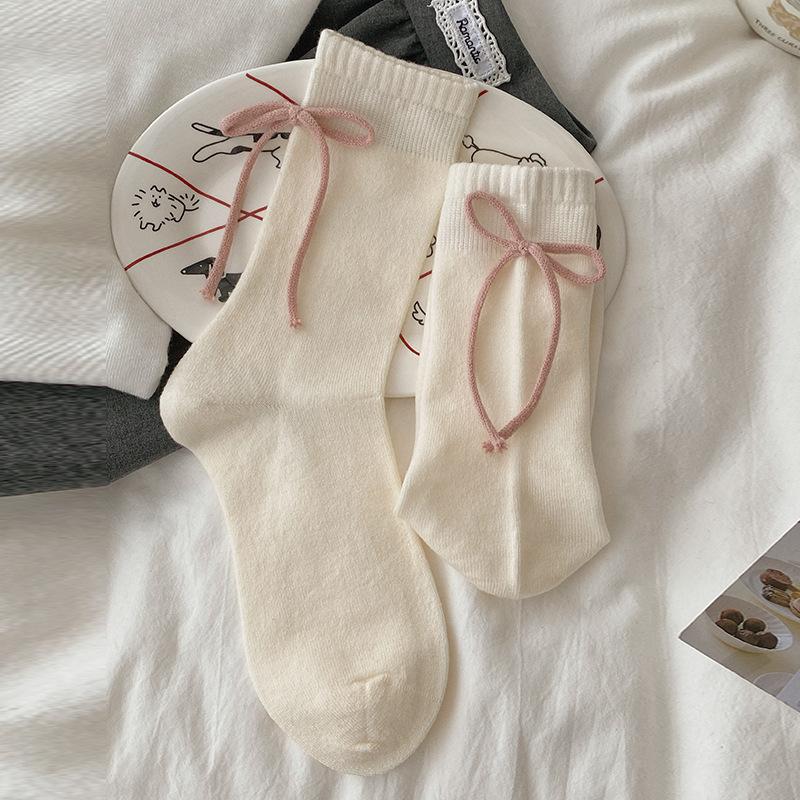 

Female Autumn Winter Thickened Warm Sweet Heel Ribbon Bow Wool Pile Pile Socks 1 pair молочный белый