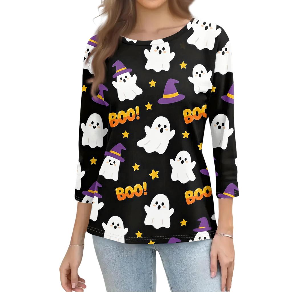 Women's Casual 3/4 Sleeve Halloween Graphic Top Crew Neck Printed Shirt Lightweight Comfortable Fit