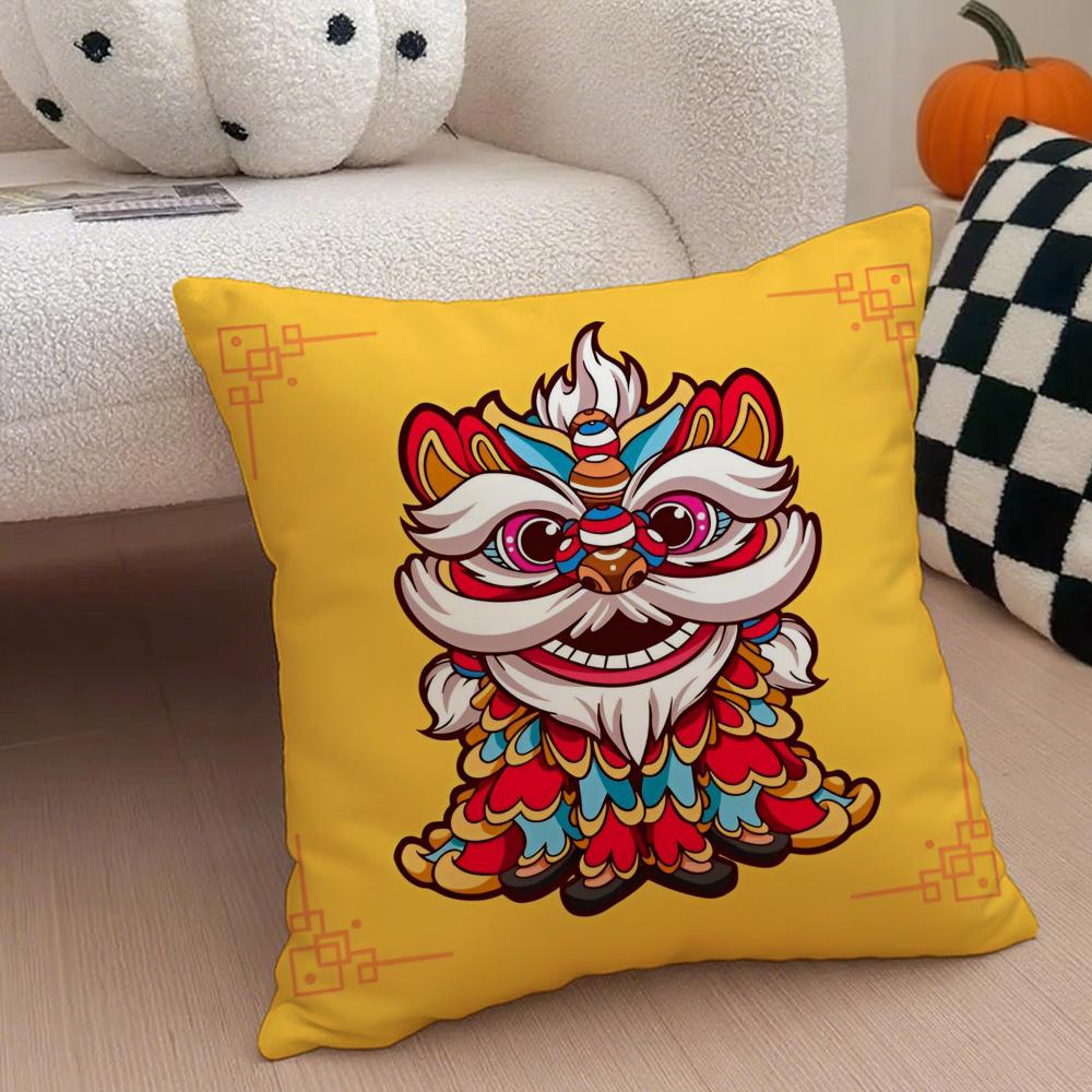 Festive Traditional Dancing Lion Anime Lucky Cushion Cover Linen Pillow Case Soft Breathable Protective Couch Room Decoration