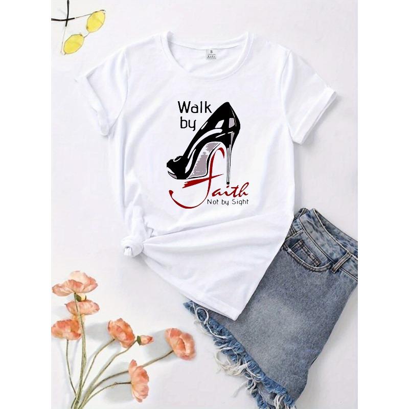 European Size Women'S Casual "Walk by Faith, Not by Sight" Graphic T-Shirt - Short Sleeve, Round Neck, All-Season, Casual Wear Tee Comfortable Fit