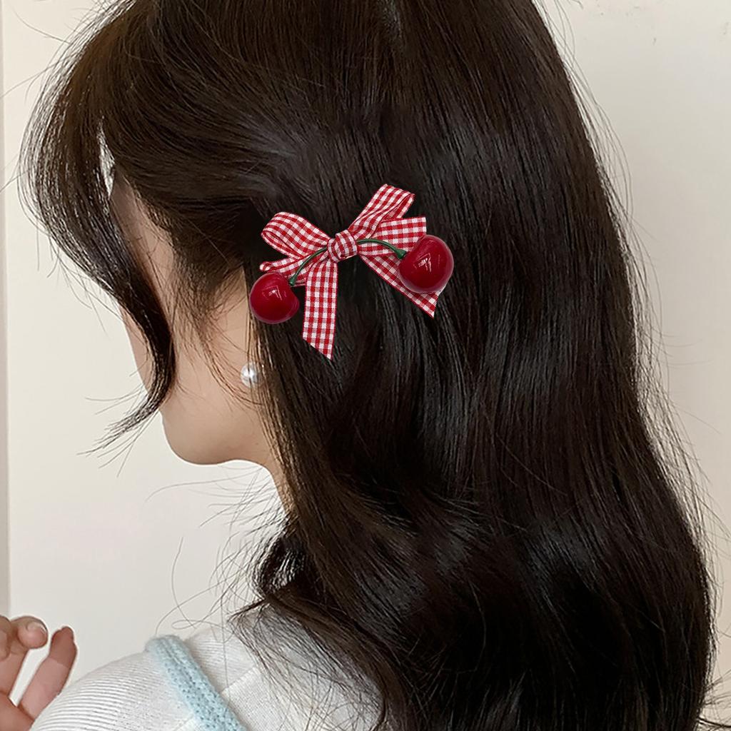 Pack of 2 Checked Bows Cherry Hair Clip with Metal Teeh Grip NonSlip Lovely Barrettes for Girls Women Everyday Wear