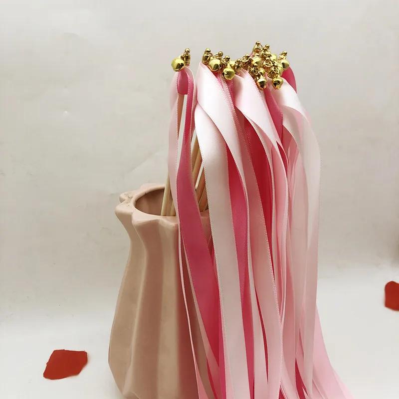 50pcs Satin Ribbon Wedding Wands Fairy Sticks With Gold Bell Pink Purple For Lawn Wedding Party Shower Decor Twirling Streamers