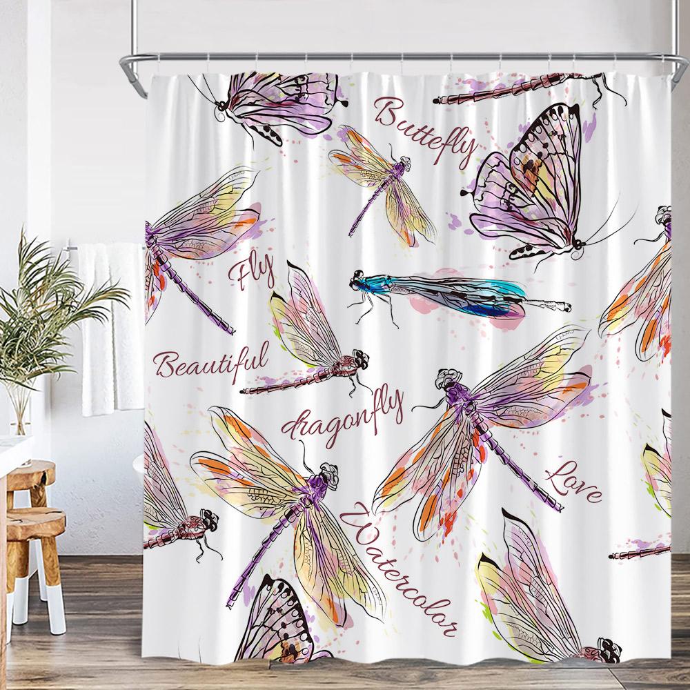 Butterfly Shower Curtains Multicolored Flowers Pastoral Floral Bathroom Decorations Rustic Polyester Bath Curtains with Hooks
