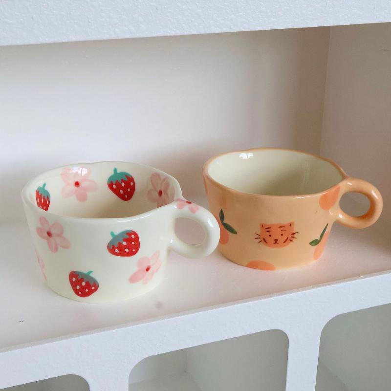 BRHand Drawn Ceramic Mug Cartoon Cute Water Cup Home Furnishings Breakfast Milk Cup Couple Afternoon Tea Coffee Cups Friend GiftEY