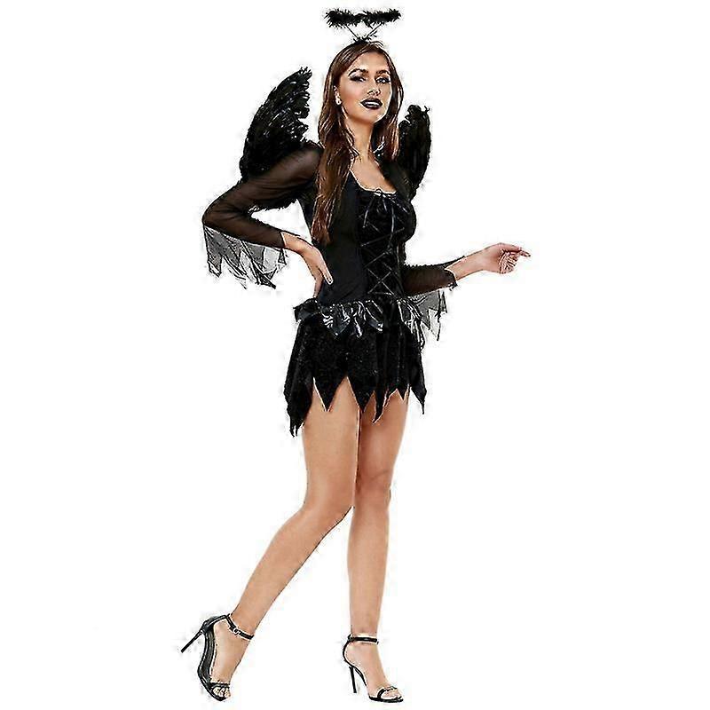 Halloweenowy Strój Upadłego Anioła Czarne Piórowe Skrzydła Cosplay Aureola Fantazyjny Dla Kobiet