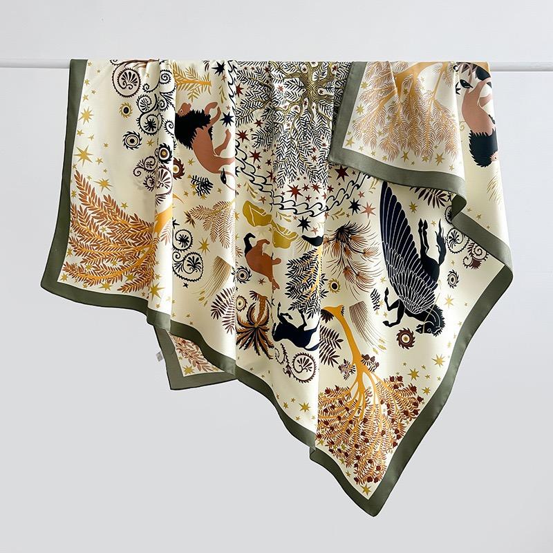 130*130Cm Oversized Animal Floral Printed Square Scarf Soft Thin Smooth Silk Shawl Leisure Style Windproof Sunscreen Head Wrap