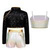 Kids Demon Singer Leader 3 Piece Dance Set Sequins Jacket Crop Top with Shorts Stage Performance Outfit