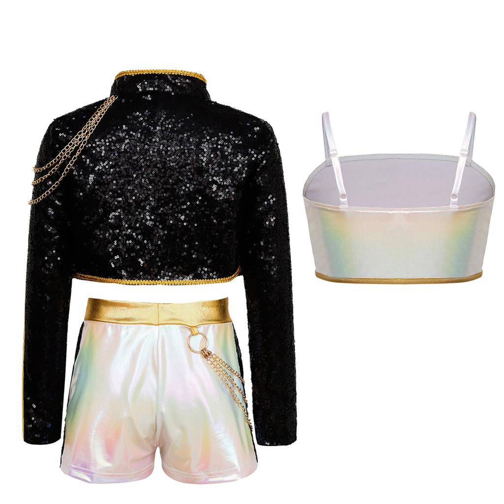 Kids Demon Singer Leader 3 Piece Dance Set Sequins Jacket Crop Top with Shorts Stage Performance Outfit
