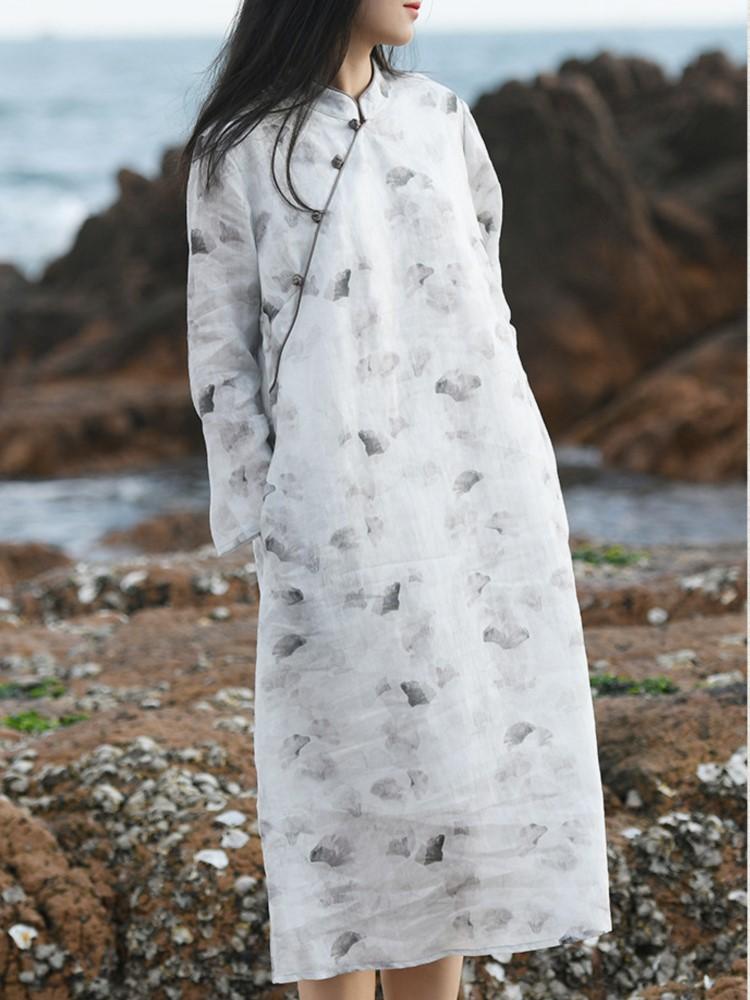 Johnature Women Vintage Stand Spring Dress Print Floral Ramie Button Cheongsam High Quality A-Line Women Dresses