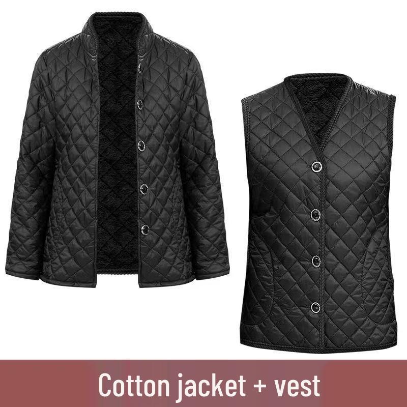 Warm Winter Three-Piece Set for Elderly Women: Fleece-Lined Cotton Coat and Pants