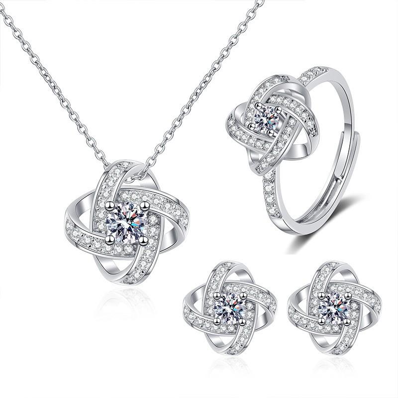Earring Set Micro-set Zircon Ring Light Luxury Fashionable Floral Necklace Jewelry Four-leaf Clover Clavicle Chain