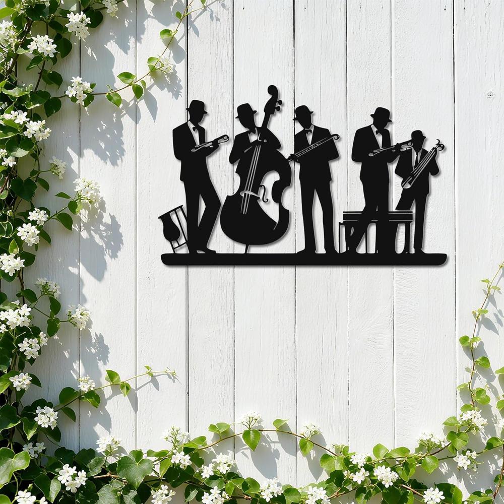 Retro Jazz Trio Metal Wall Art Trumpet Bass Brass Decor for Door Frame Corner Accent, Gift for Music Lover, 14.2x8.9 Inch Black