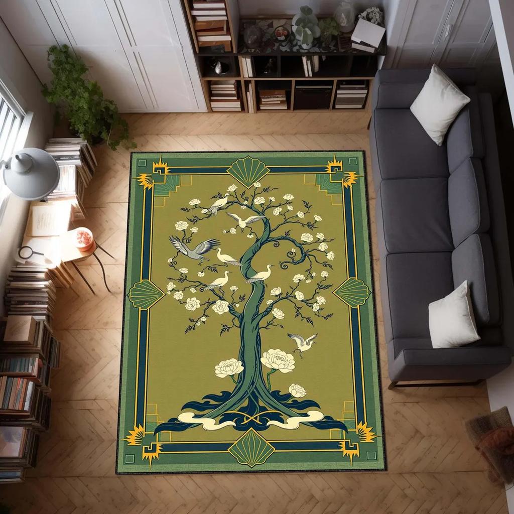 Tree of Life Rug Vintage Art Deco Area Carpet with Birds, Boho Nature Decor Carpet Spiritual Floor Rug, Sacred Symbol Floor Mat