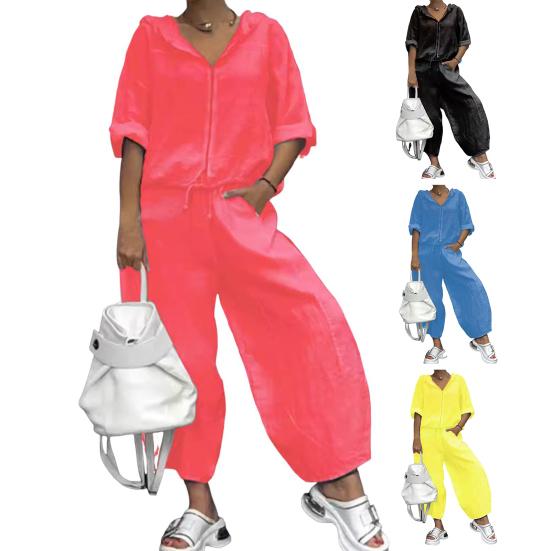 2 szt./zestaw Damski płaszcz spodnie garnitur z kapturem zapinany na zamek rękaw 3/4 wiązany dół