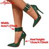 Fashion Aphixta 12cm High Stiletto High Heel Belt Buckle Pumps Women Shoes Starp Patent Leather 10cm Dark Green Pointed Toe Super Big 50