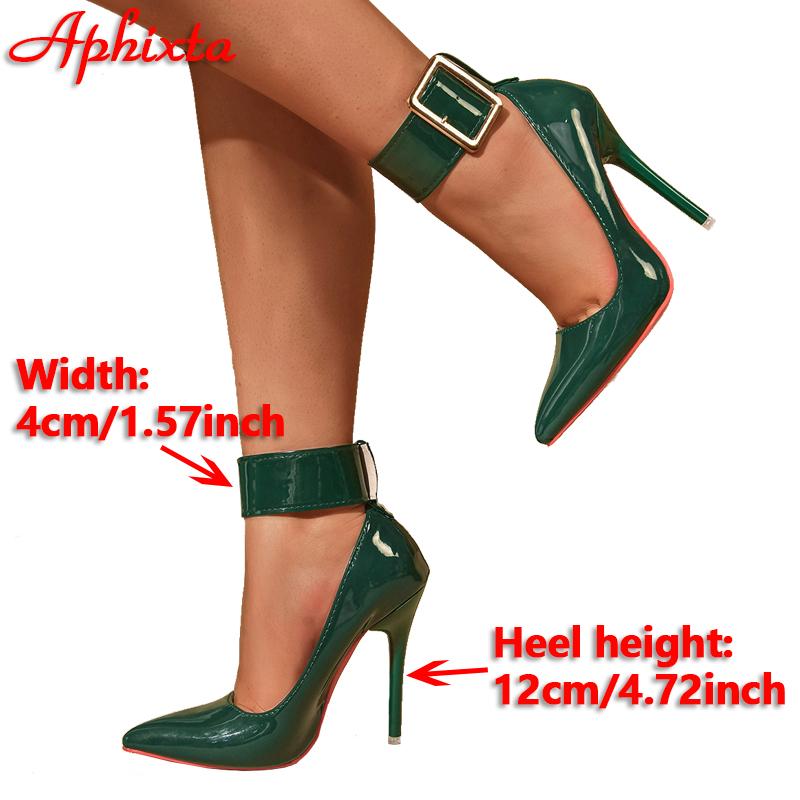 Fashion Aphixta 12cm High Stiletto High Heel Belt Buckle Pumps Women Shoes Starp Patent Leather 10cm Dark Green Pointed Toe Super Big 50