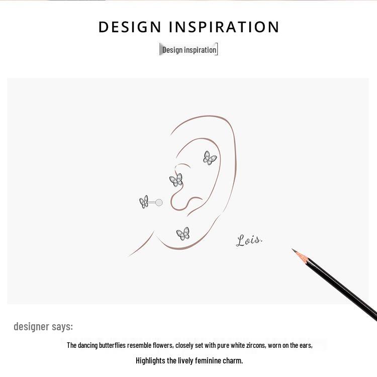 Sterling Silver S925 Simple Butterfly Earrings with White Gold Plated Zircon