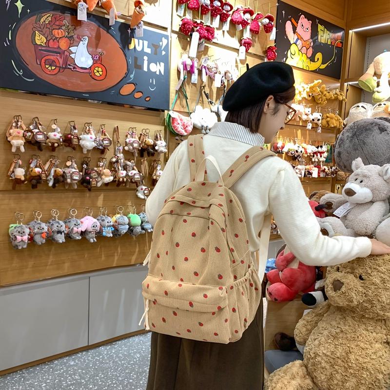 Cord-Rucksack mit Erdbeer-Print im College-Stil für Schüler, Schultasche mit großem Fassungsvermögen